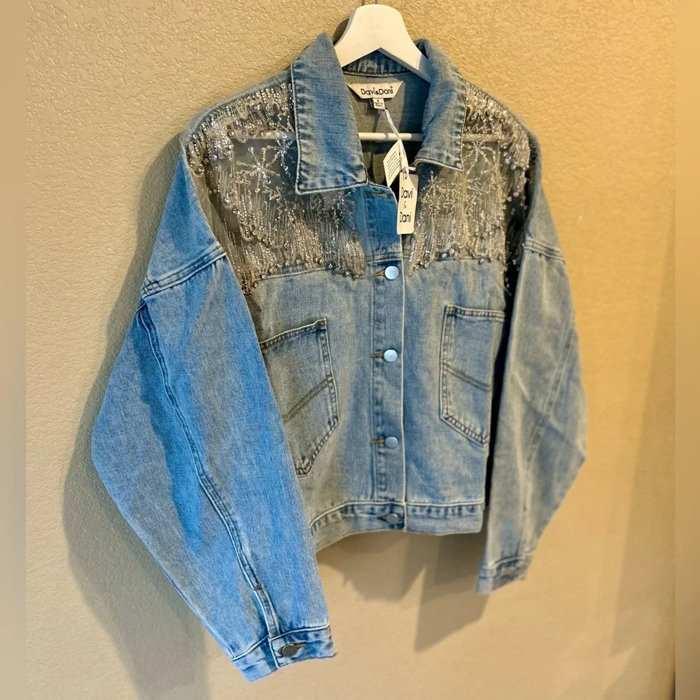 DAVI & DANI NWT Light Blue Cropped Denim Jacket with Sheer Embellishments Size S - Picture 6 of 13